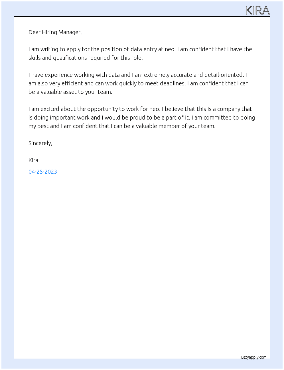 data entry At neo Cover Letter