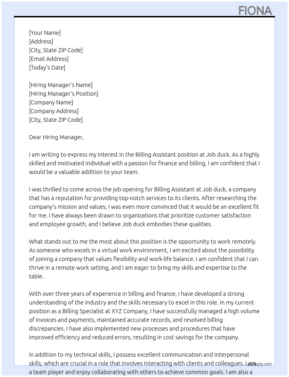 Billing Assistant  At Job duck Cover Letter