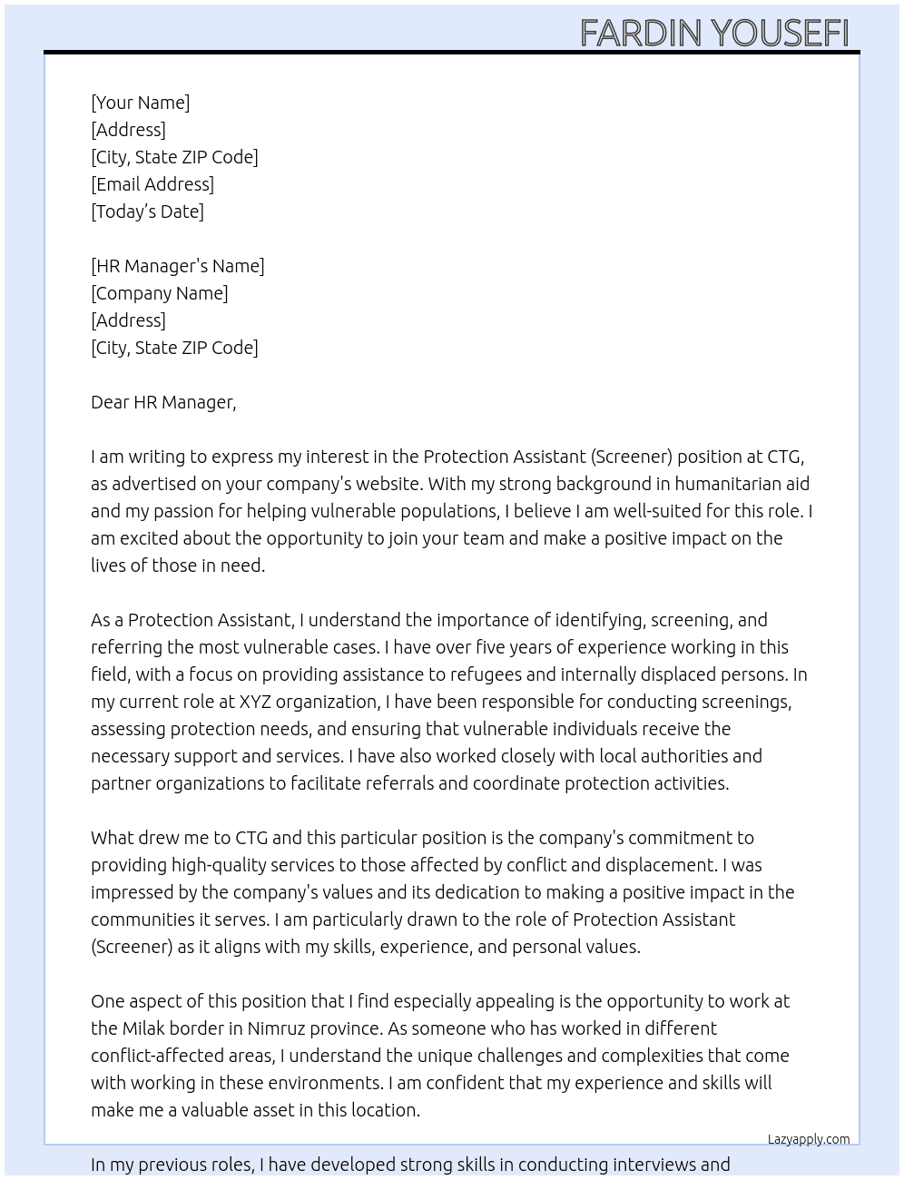 Protection Assistant (Screener) At CTG Cover Letter
