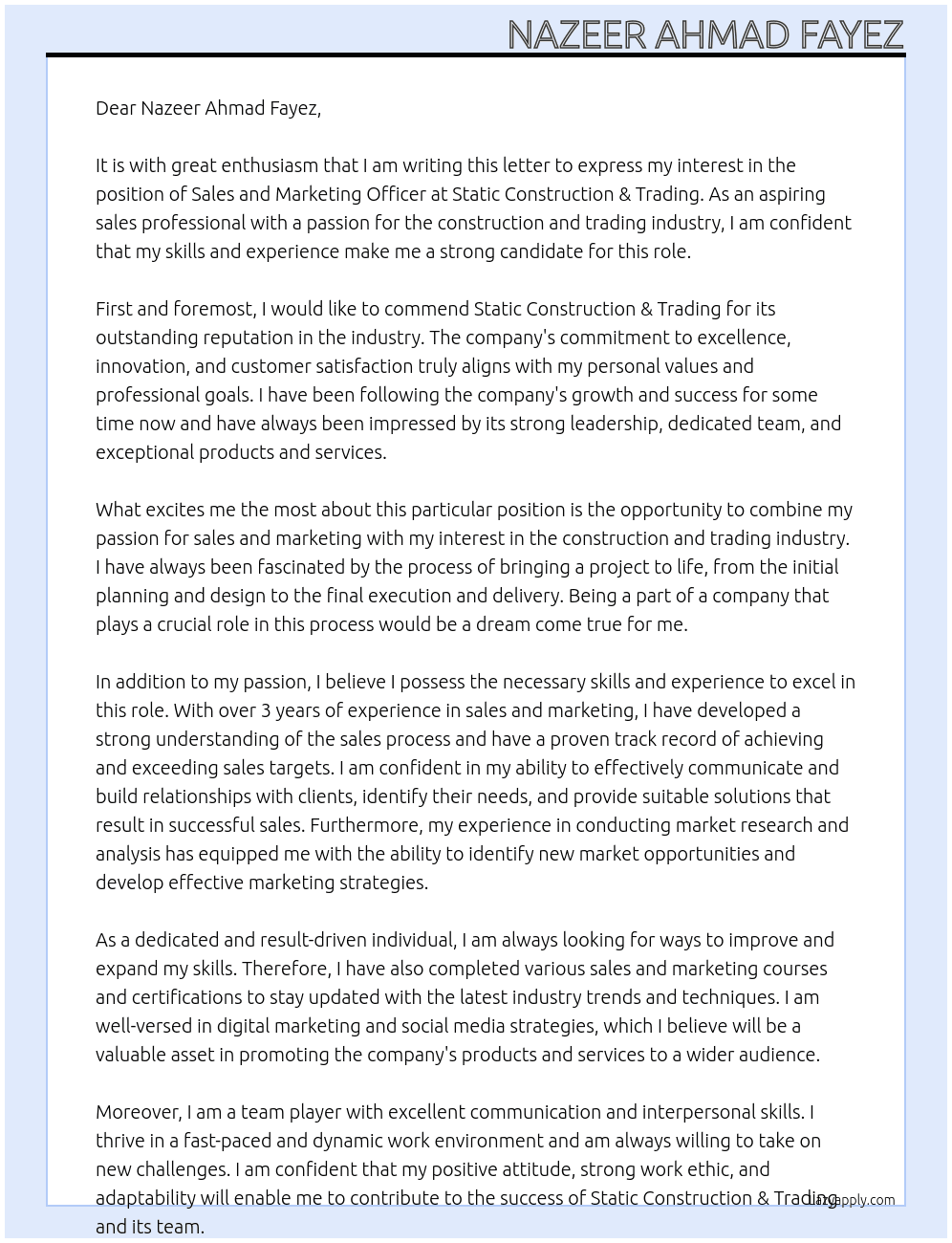Sale and marketing officer At Static construction & Trading Cover Letter