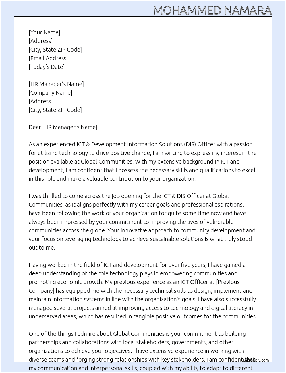 ICT & Development Information Solutions (DIS) Officer At Global Communities  Cover Letter
