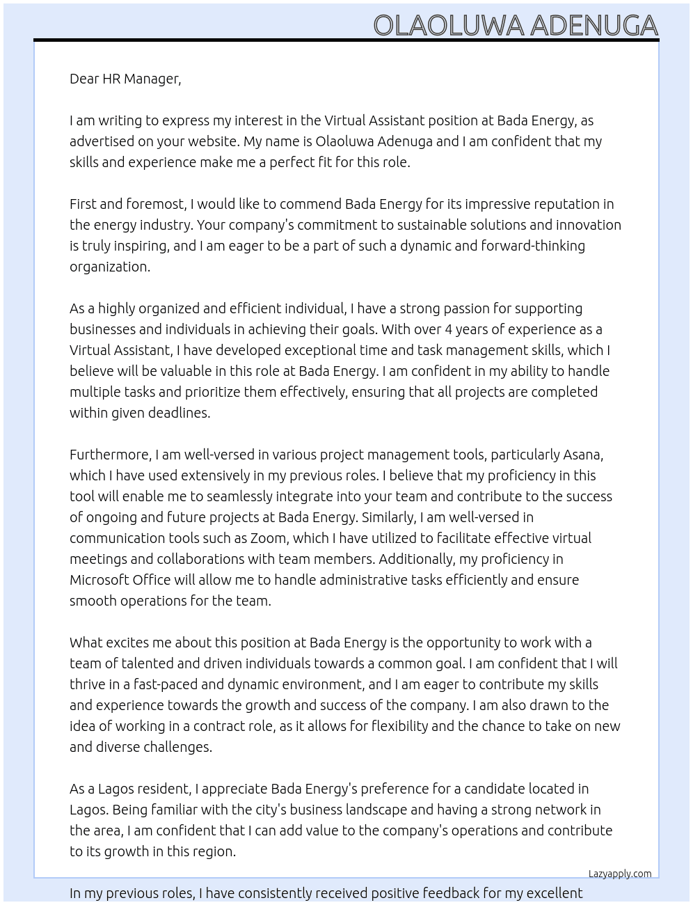 Virtual Assistant  At Bada Energy Cover Letter