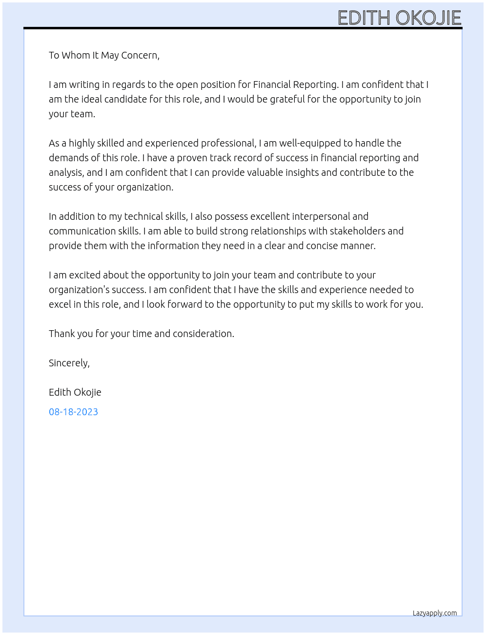 Financial Reporting  At any Cover Letter