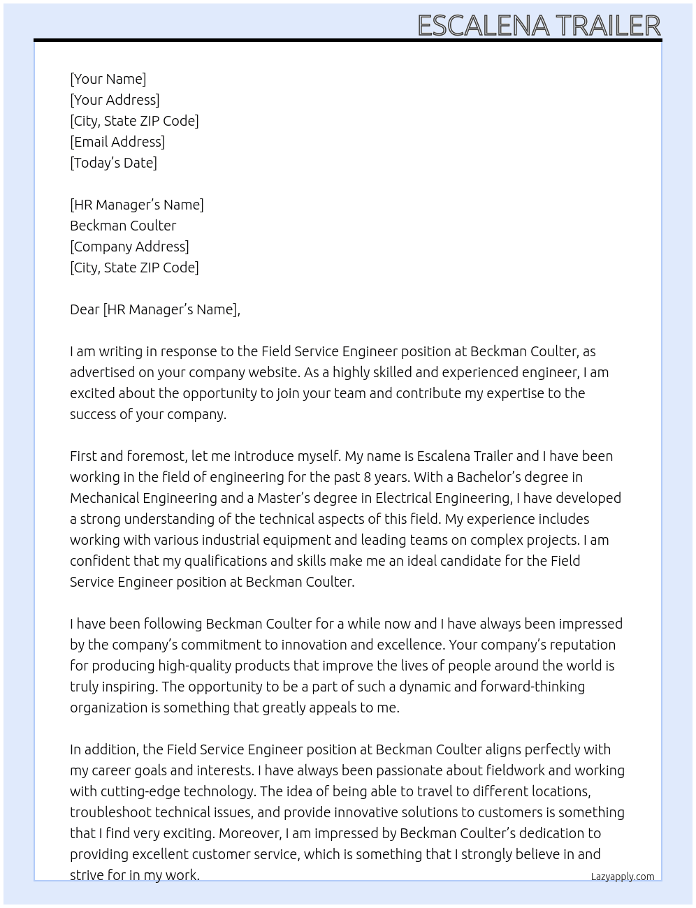 Field Service Engineer At Beckman Coulter Cover Letter