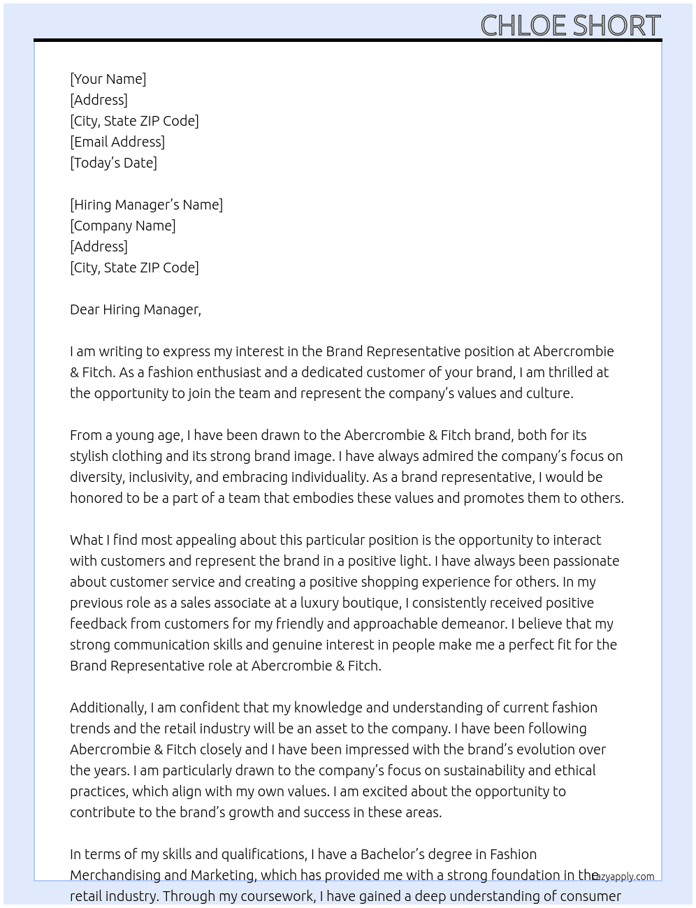 Brand Representative  At Abercrombie & Fitch Cover Letter