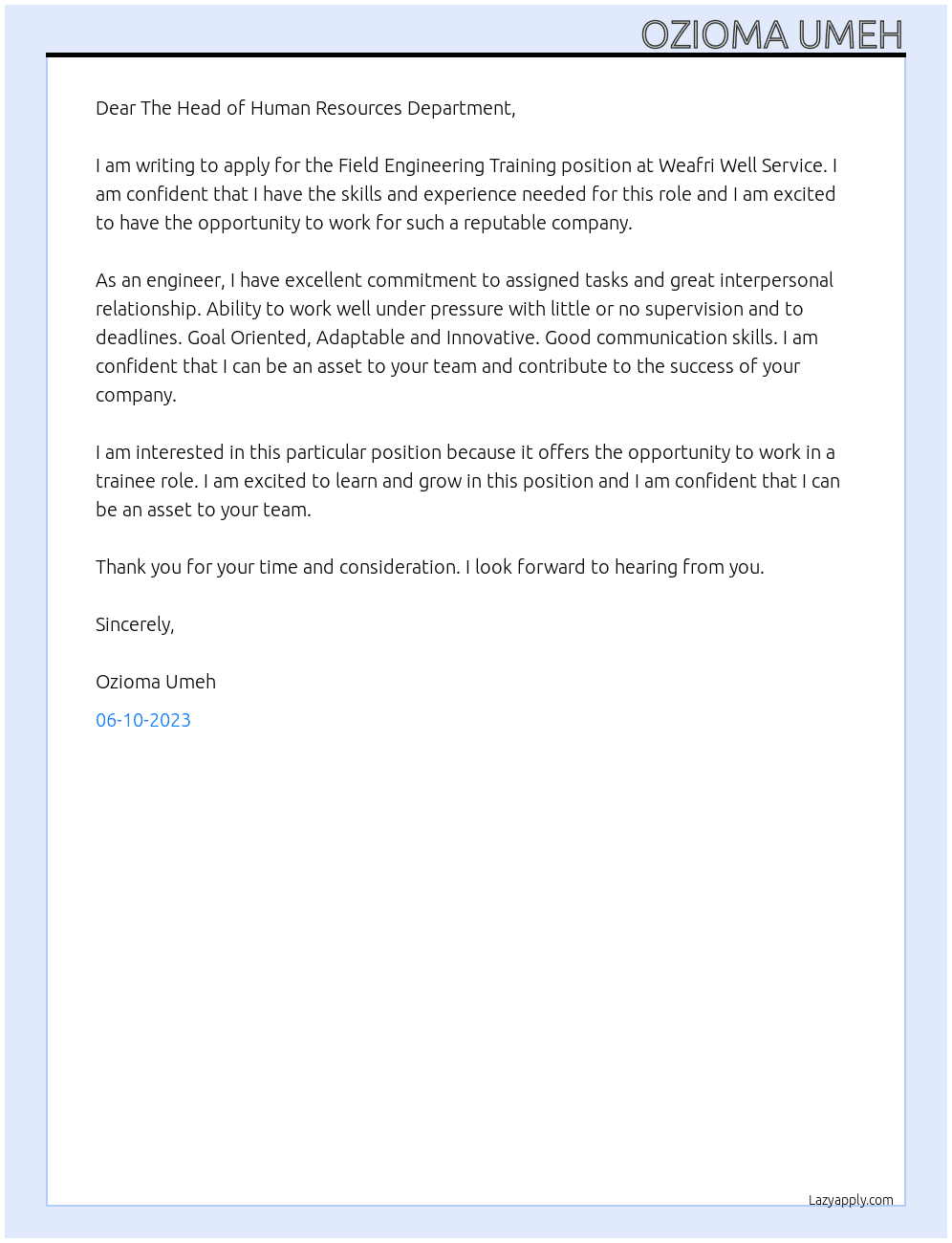 Field Engineering Training At Weafri Well Service  Cover Letter