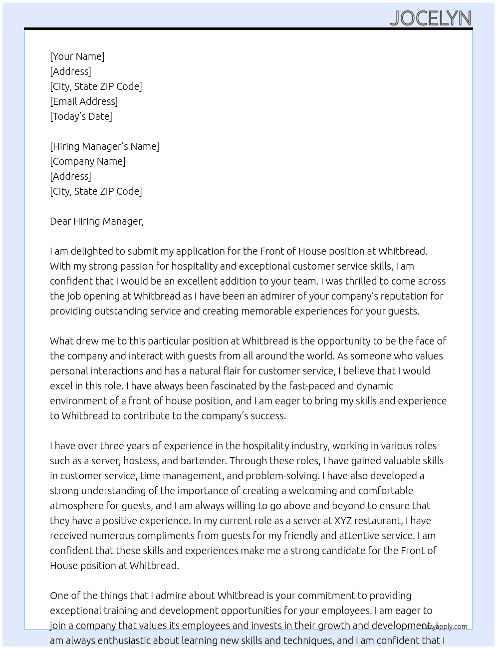 Front of House At Whitbread Cover Letter