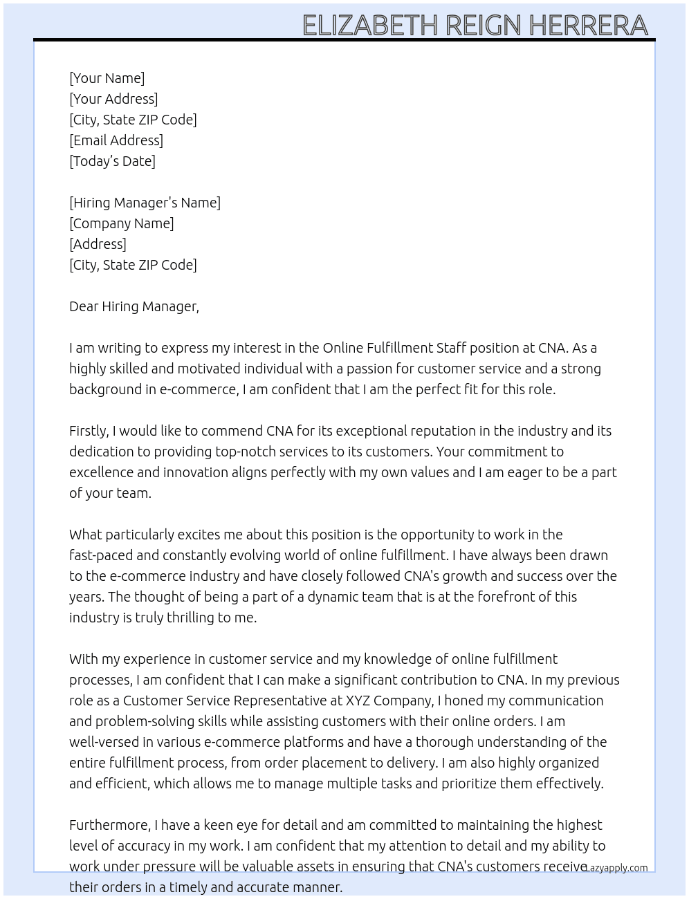 Online Fulfillment Staff  At CNA  Cover Letter