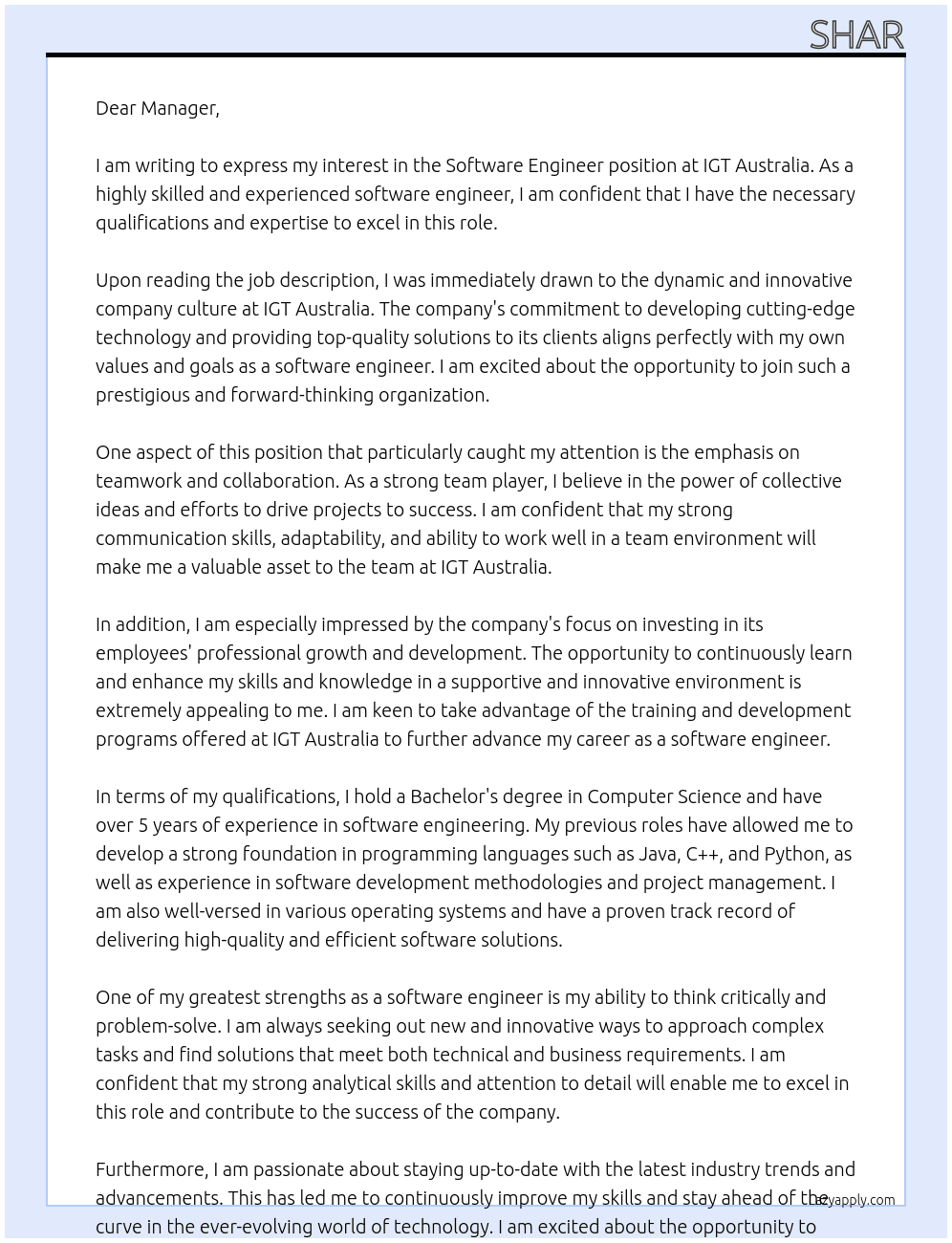 Software Engineer At IGT Australia Cover Letter
