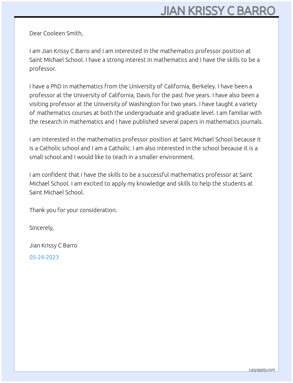 Mathematics professor  At Saint Michael School Cover Letter