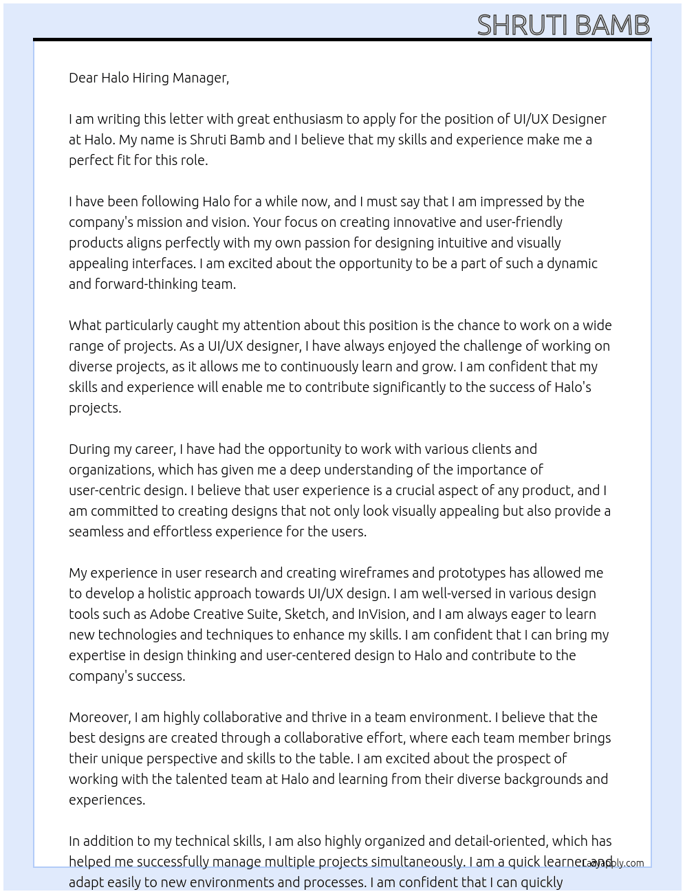 ui ux designer At halo Cover Letter