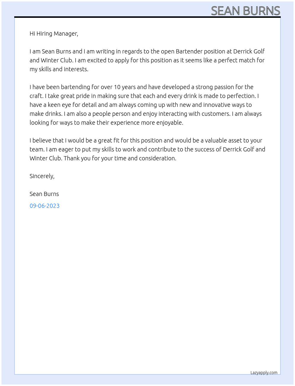 Bartender At Derrick Golf and Winter Club Cover Letter