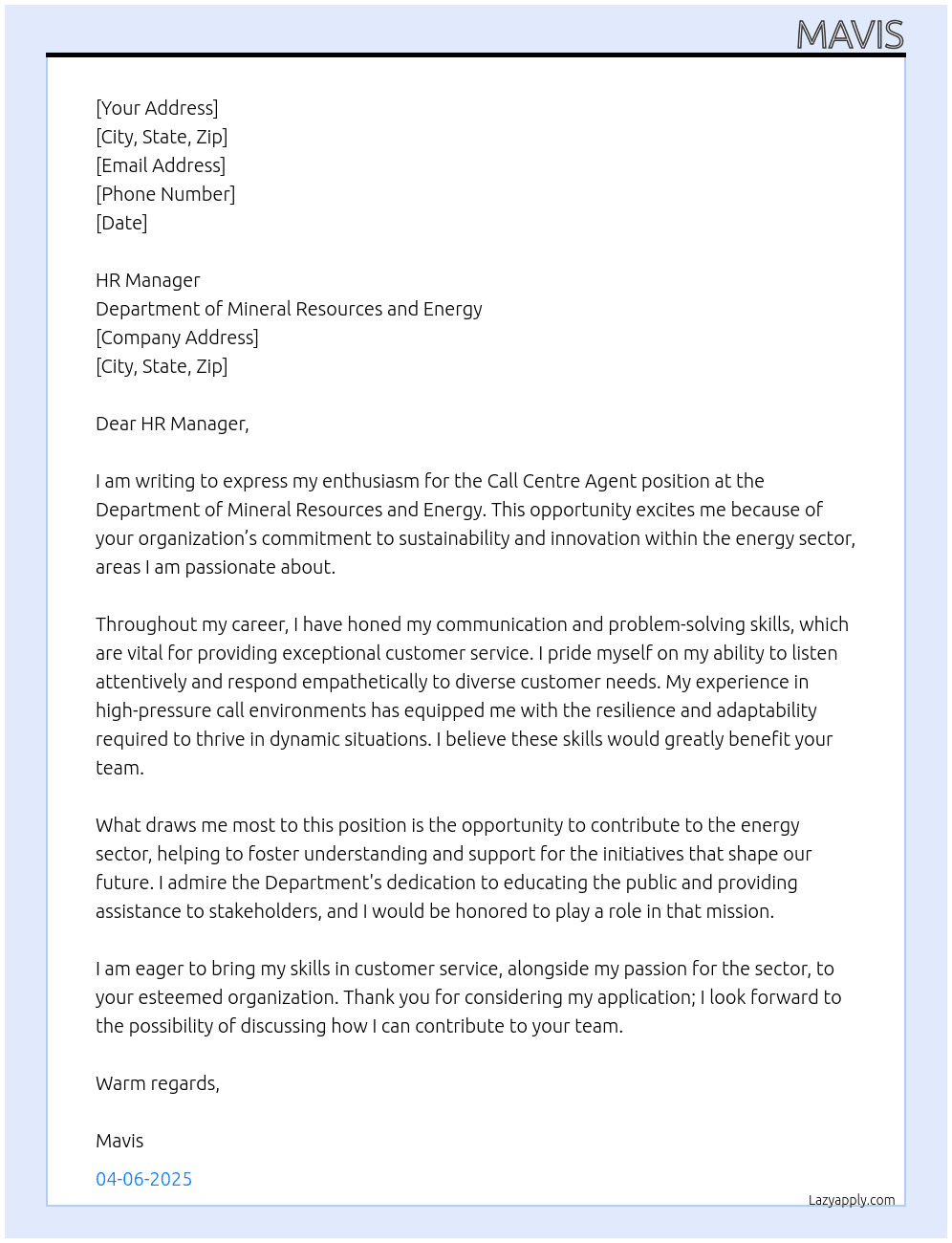 Call centre agent At Department of Mineral Resources and Energy Cover Letter
