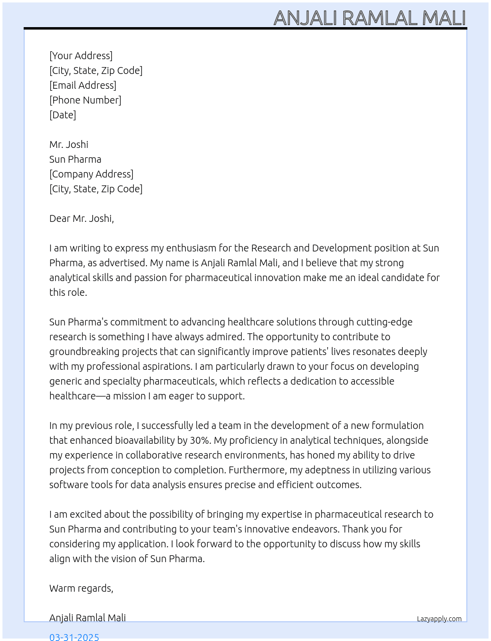 Research and development At Mr. Joshi Cover Letter