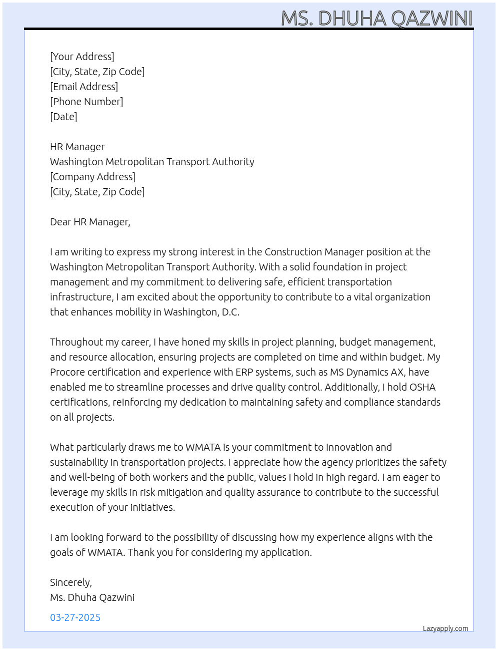 Construction Manager At Washinton Metropolitan Transport Authority Cover Letter