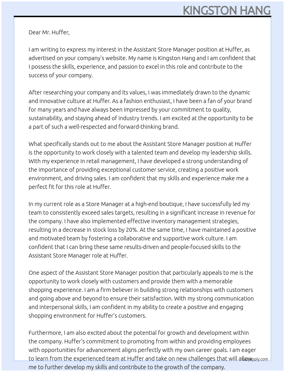 Assistant Store Manager At Huffer Cover Letter