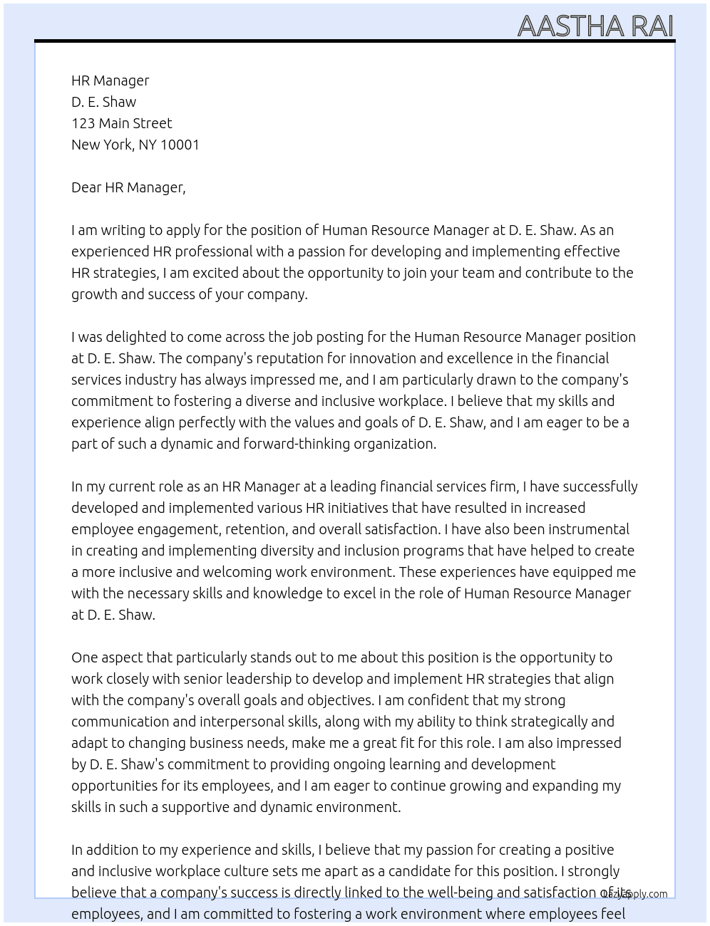Human Resource Manager  At D. E. Shaw Cover Letter