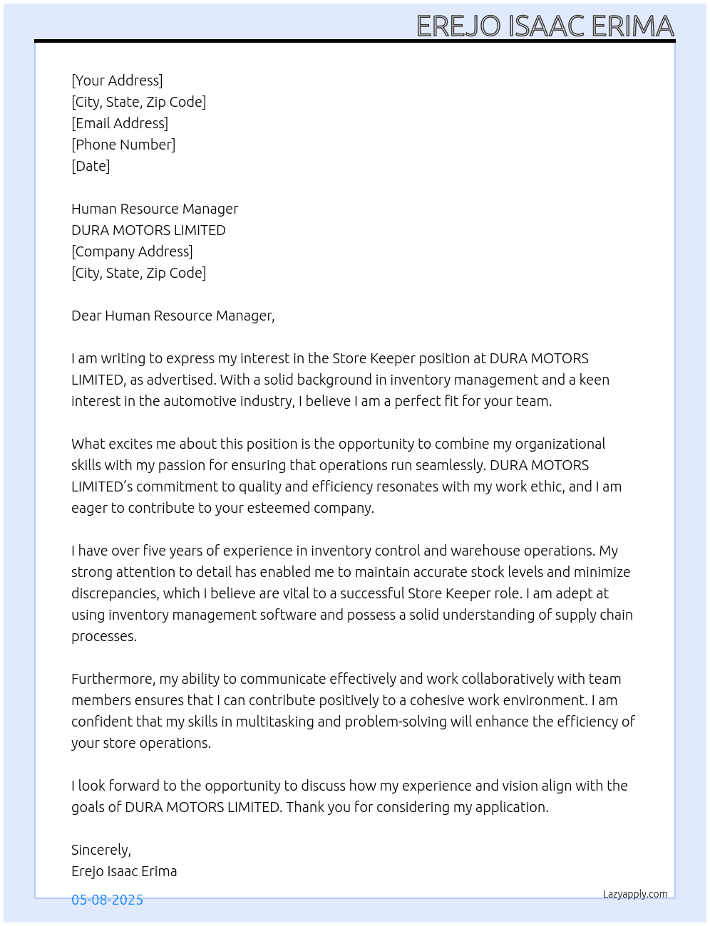 Store Keeper  At DURA MOTORS LIMITED Cover Letter