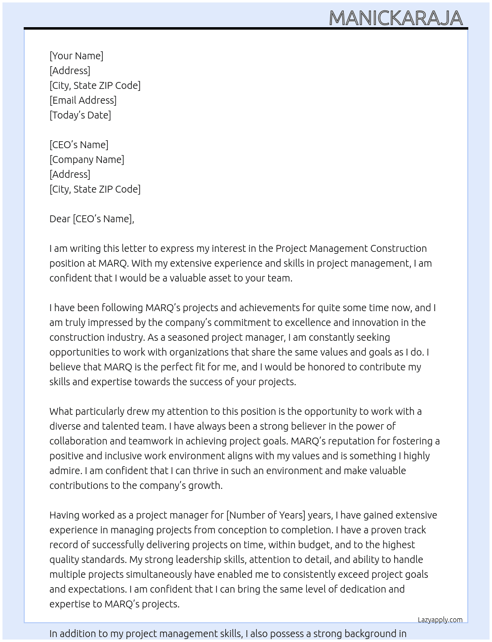 Project management construction  At MARQ Cover Letter