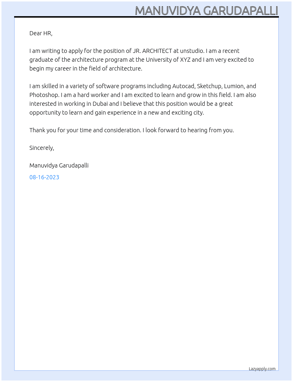 JR. ARCHITECT At unstudio Cover Letter