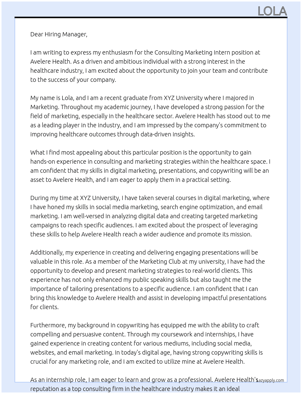 Consulting marketing intern At Avelere health Cover Letter