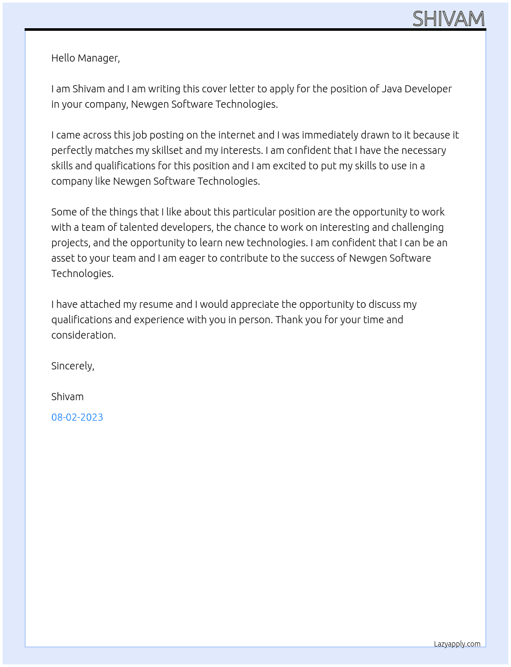 Java Developer At Newgen Software Technologies Cover Letter