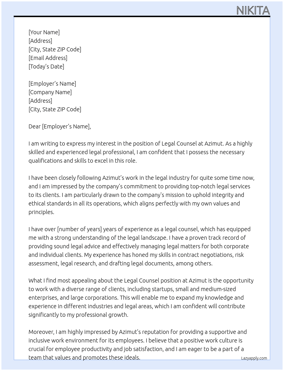 Legal Counsel At Azimut Cover Letter