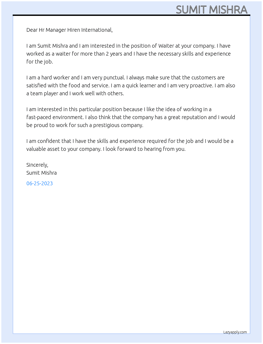 Waiter  At Hiren international  Cover Letter
