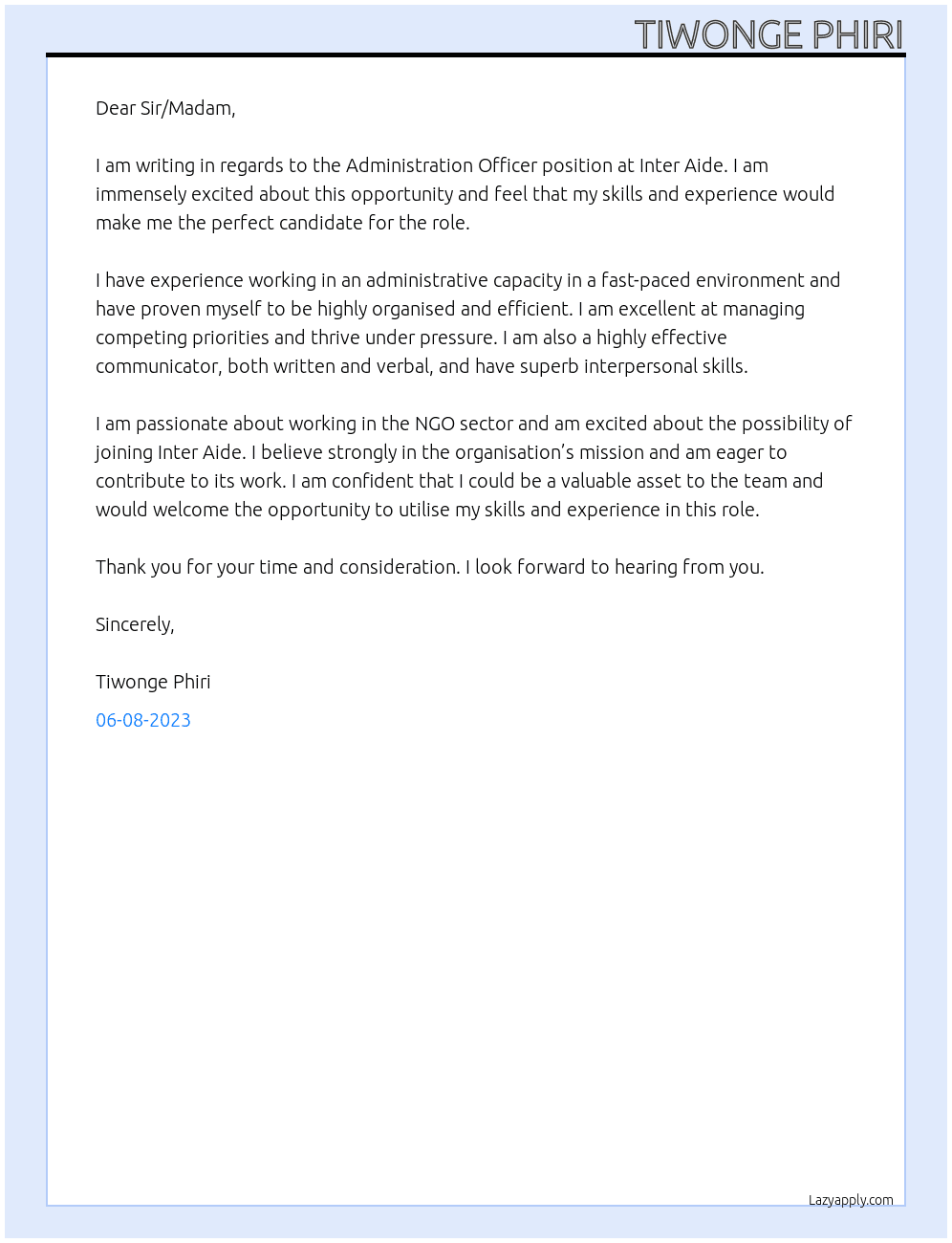 Administration Officer  At Inter Aide Cover Letter