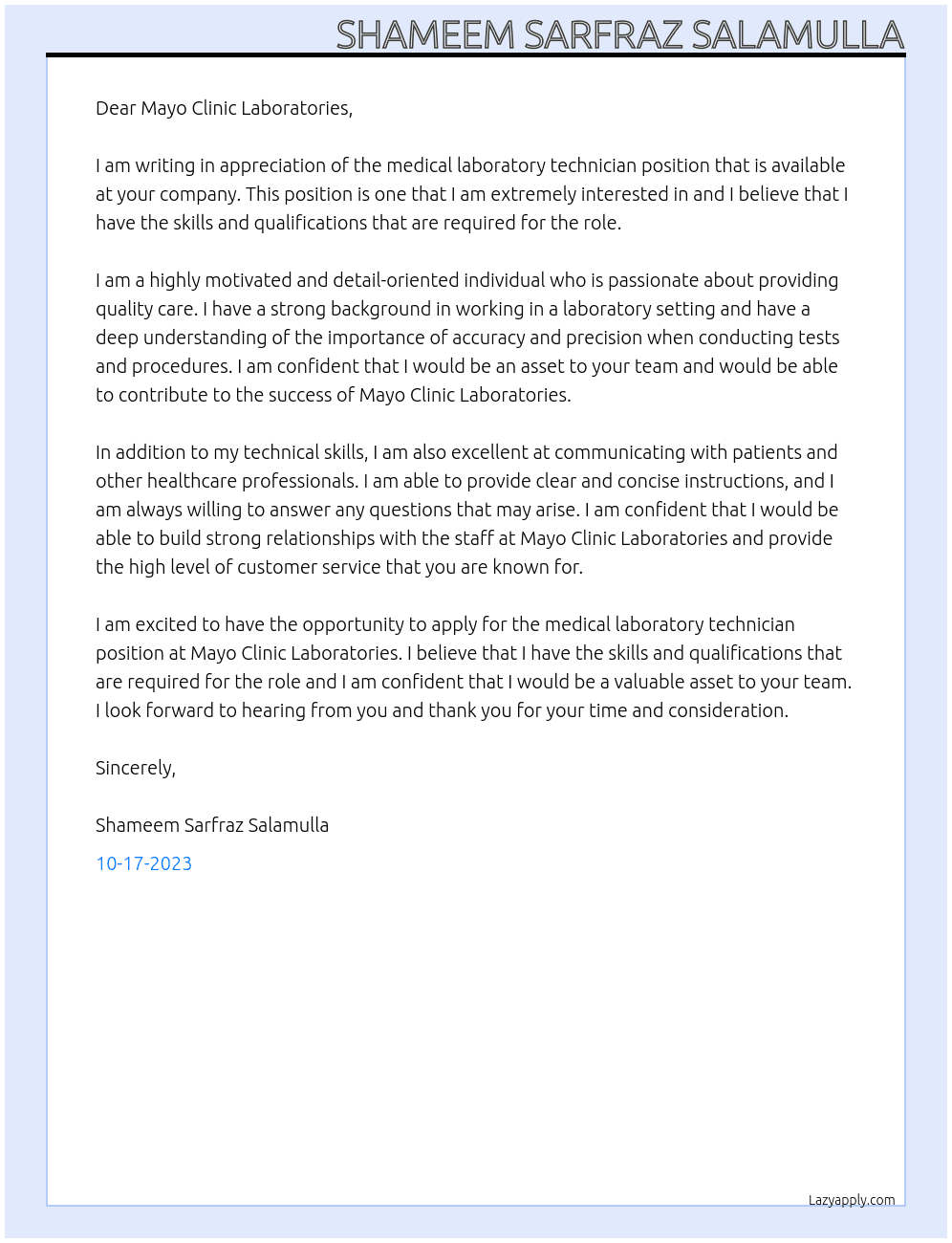 Medical laboratory technician At MAYO CLINIC LABORATORIES Cover Letter