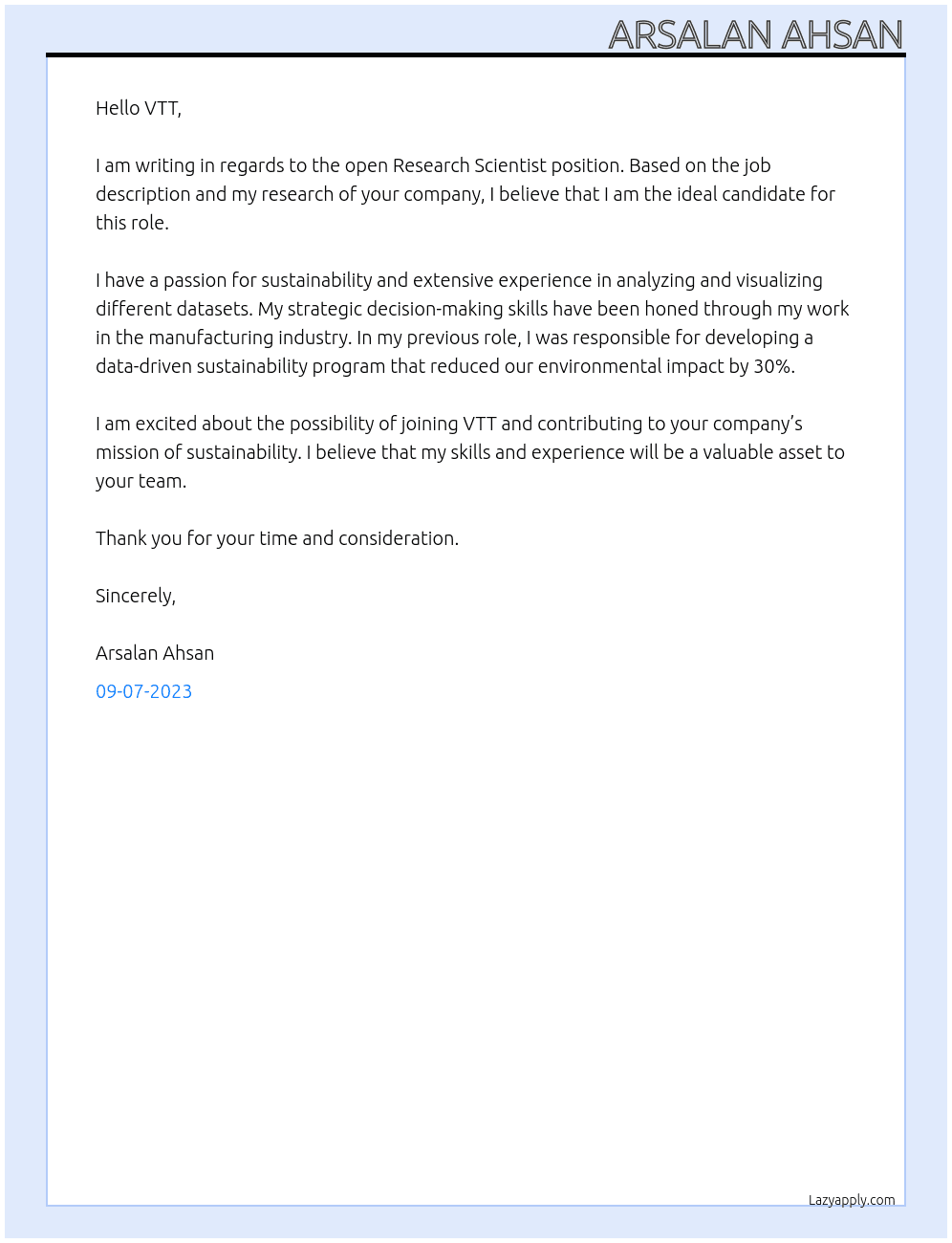 Research Scientist  At VTT Cover Letter