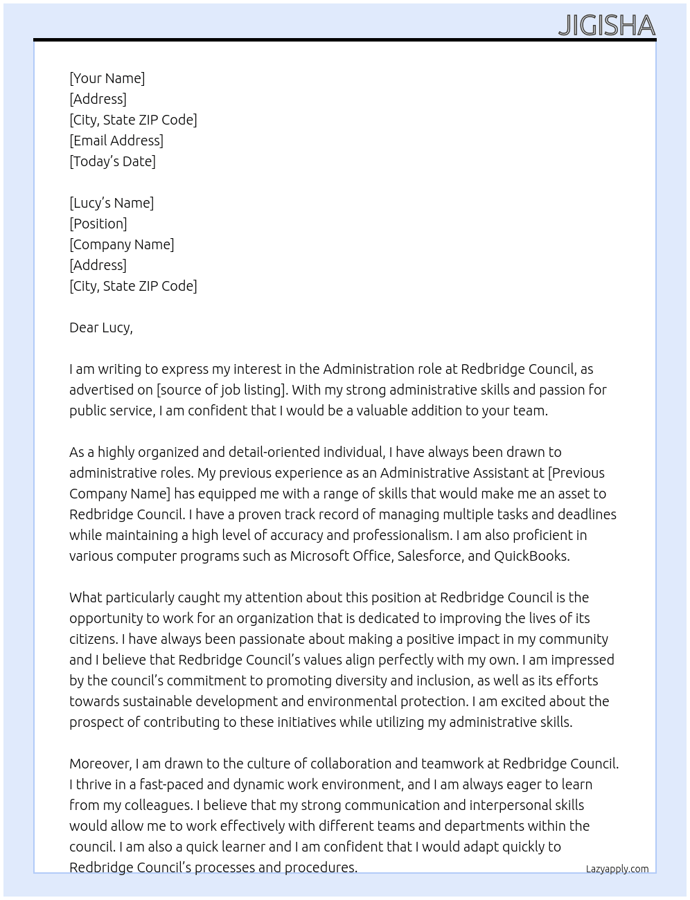 Administration  At Redbridge Council Cover Letter