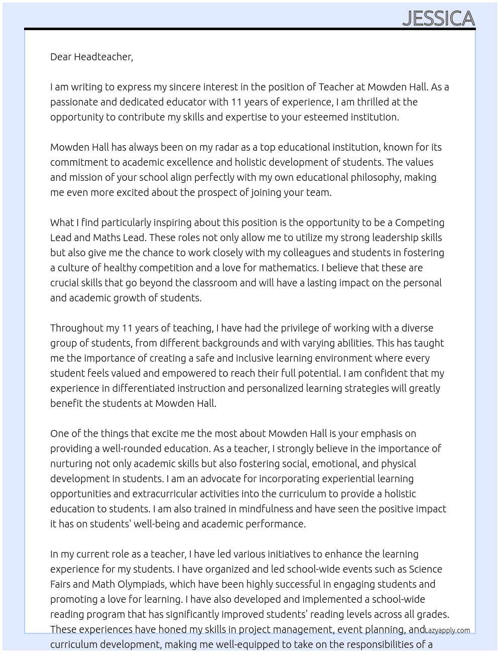 Teacher At Mowden hall Cover Letter