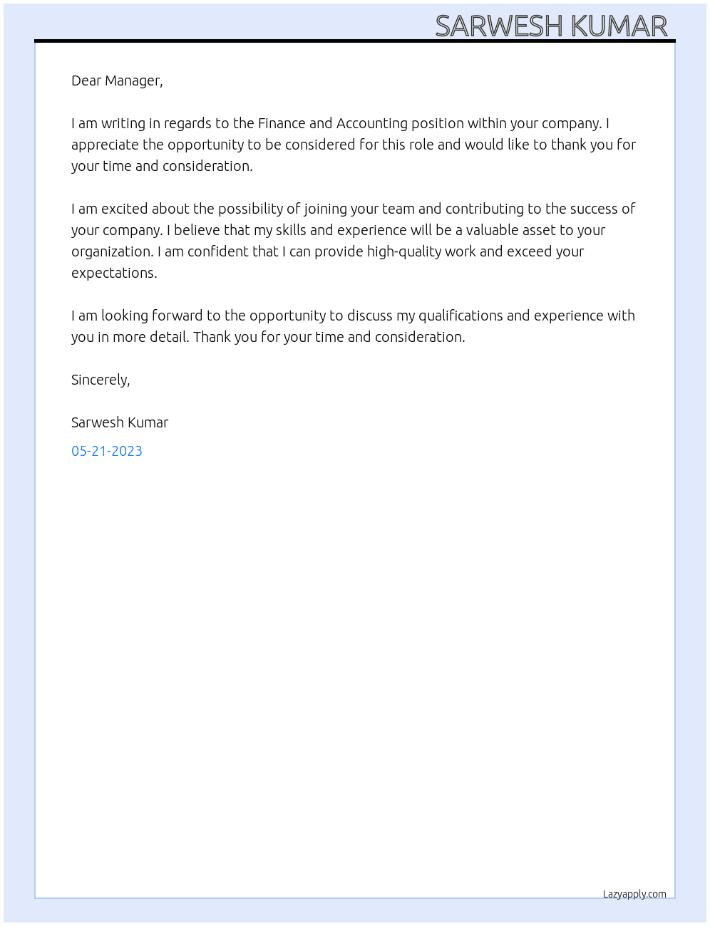 Finance and accounting  At NA Cover Letter