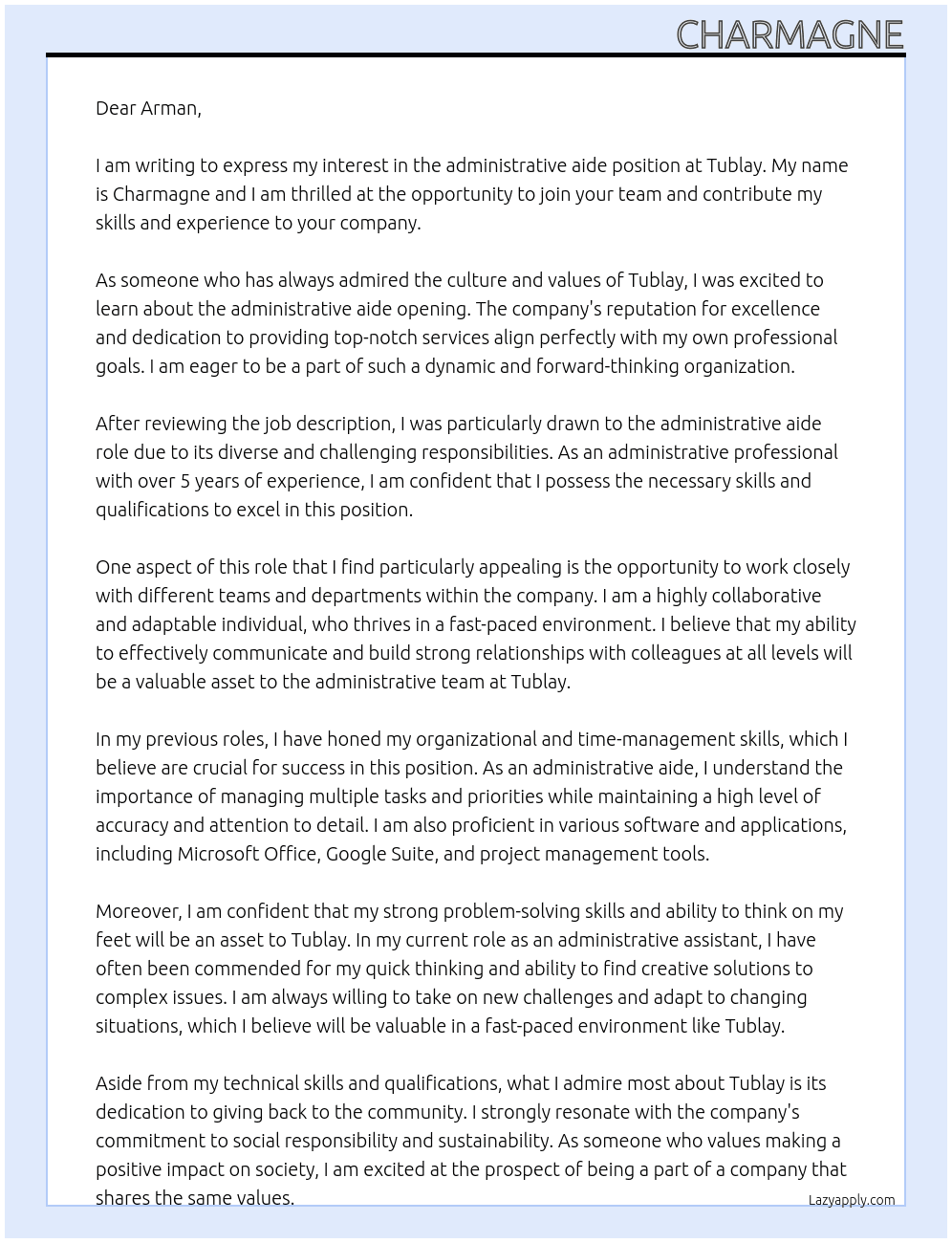 administrative aide  At tublay Cover Letter
