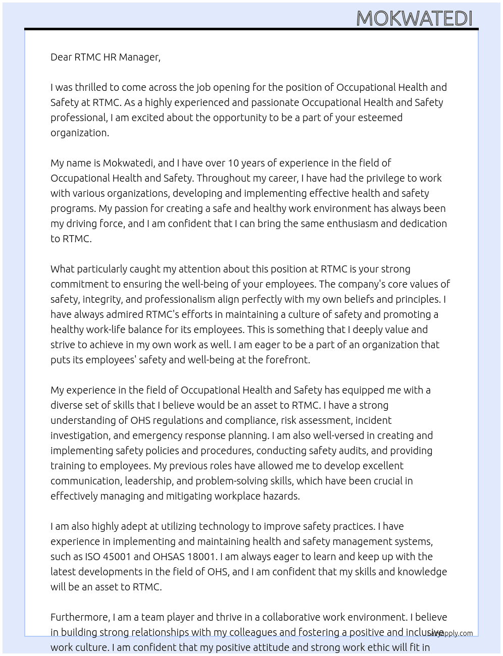 occupational health and safety At RTMC Cover Letter