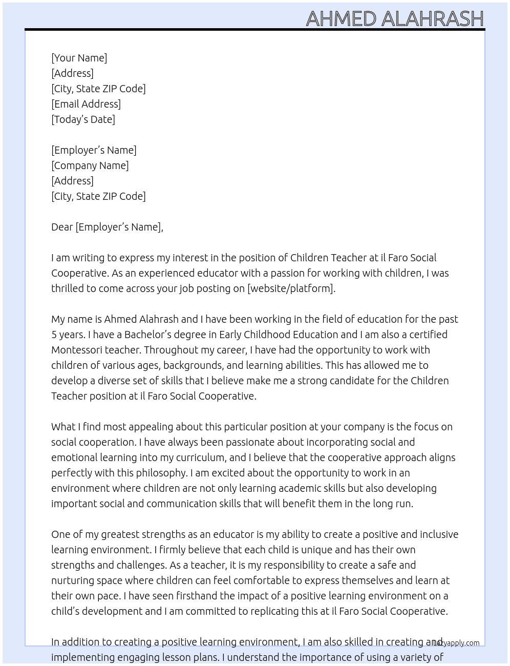 Children teacher At il Faro social cooperative Cover Letter