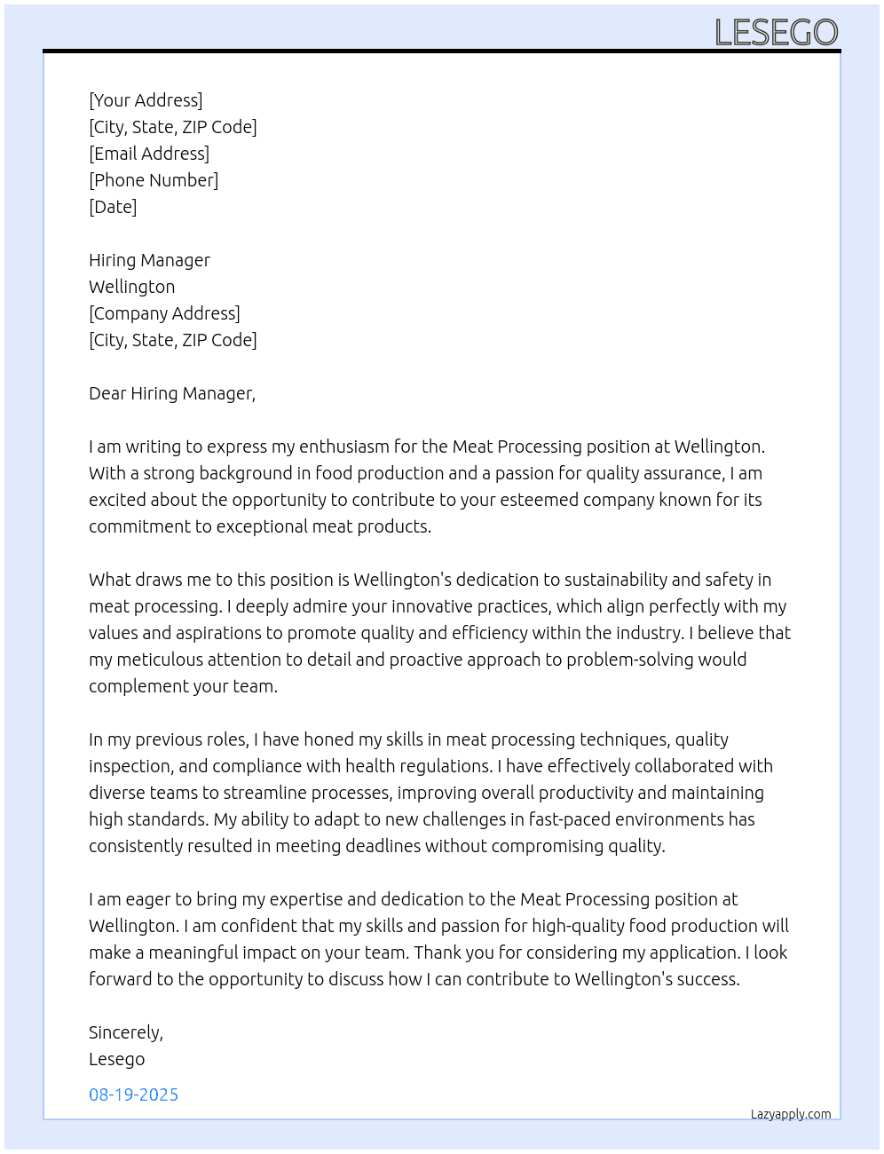 Meat processing  At Wellington  Cover Letter