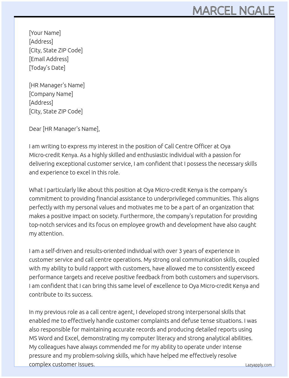 Call centre officer  At Oya Micro-credit Kenya Cover Letter