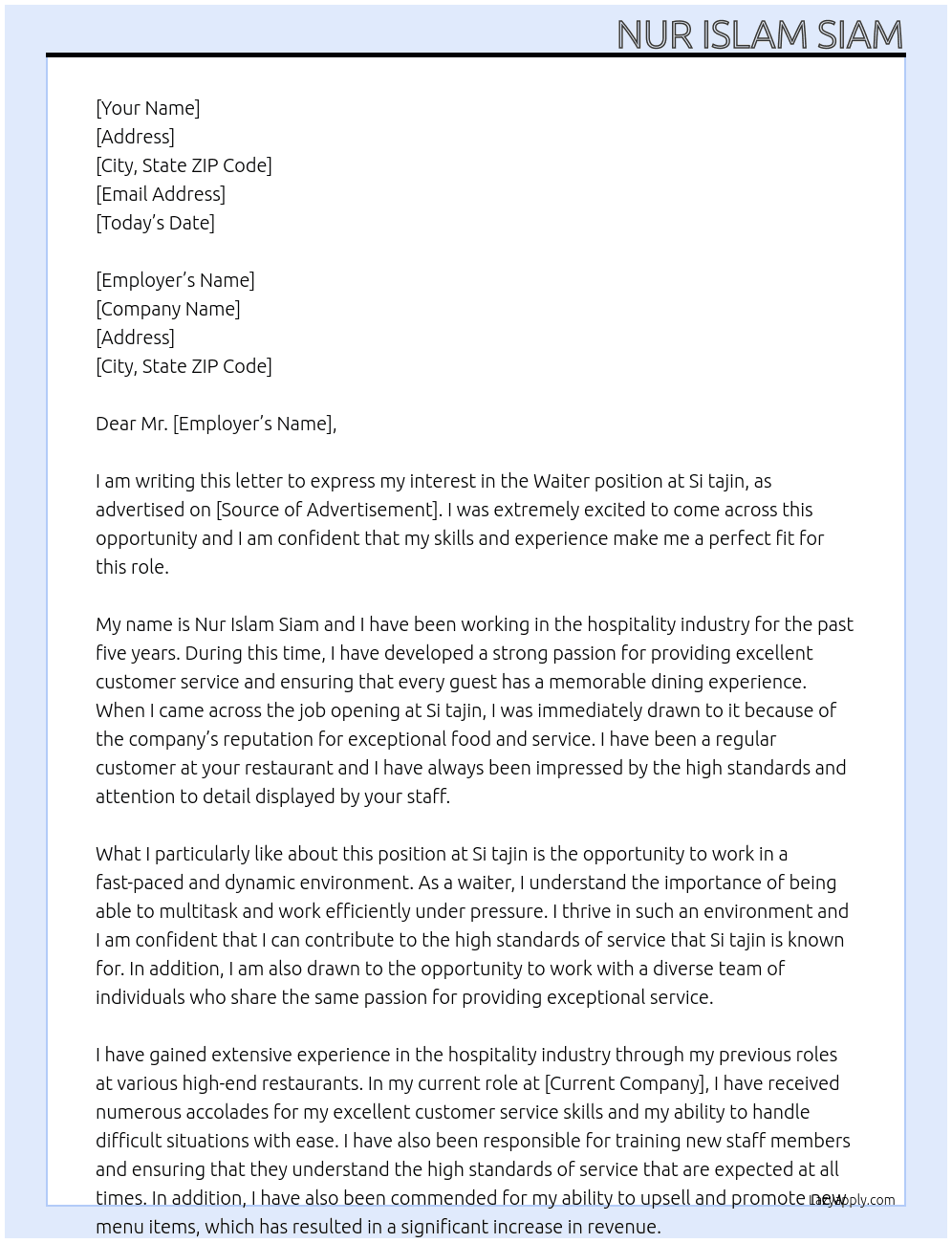 Waiter  At Si tajin Cover Letter