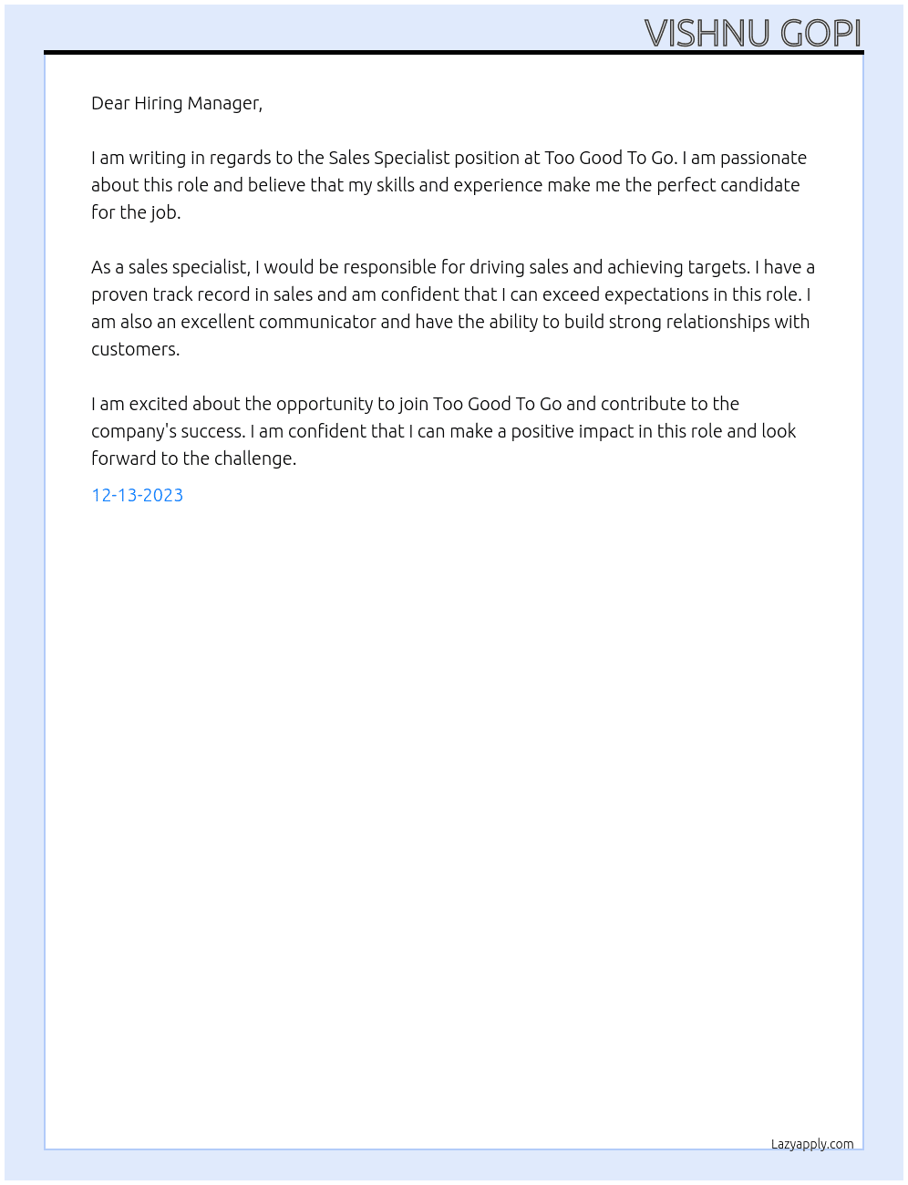 Sales Specialist At Too Good To Go Cover Letter