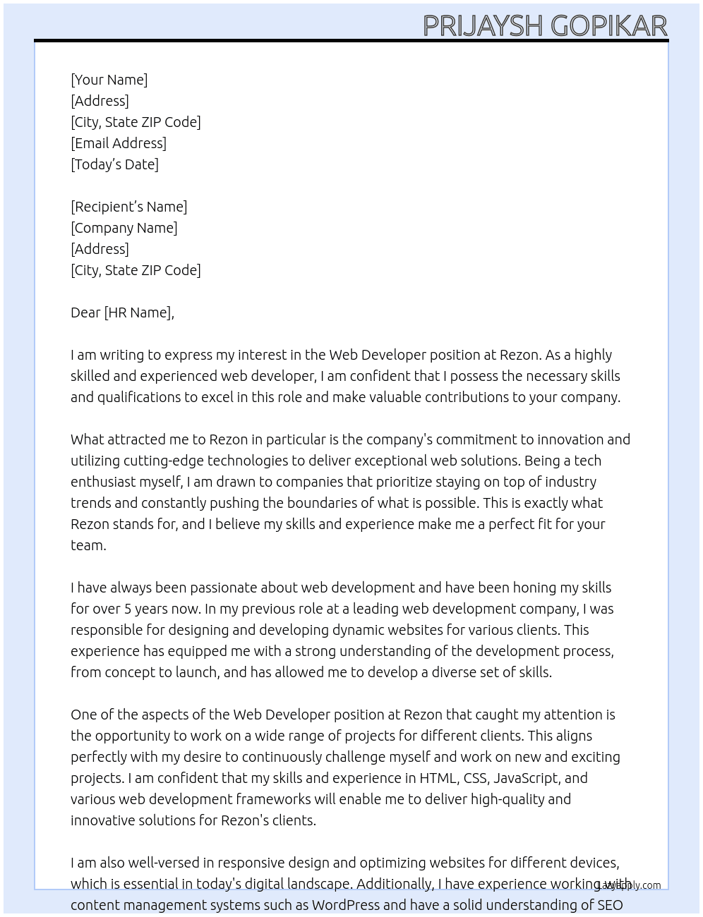 Web developer At rezon Cover Letter