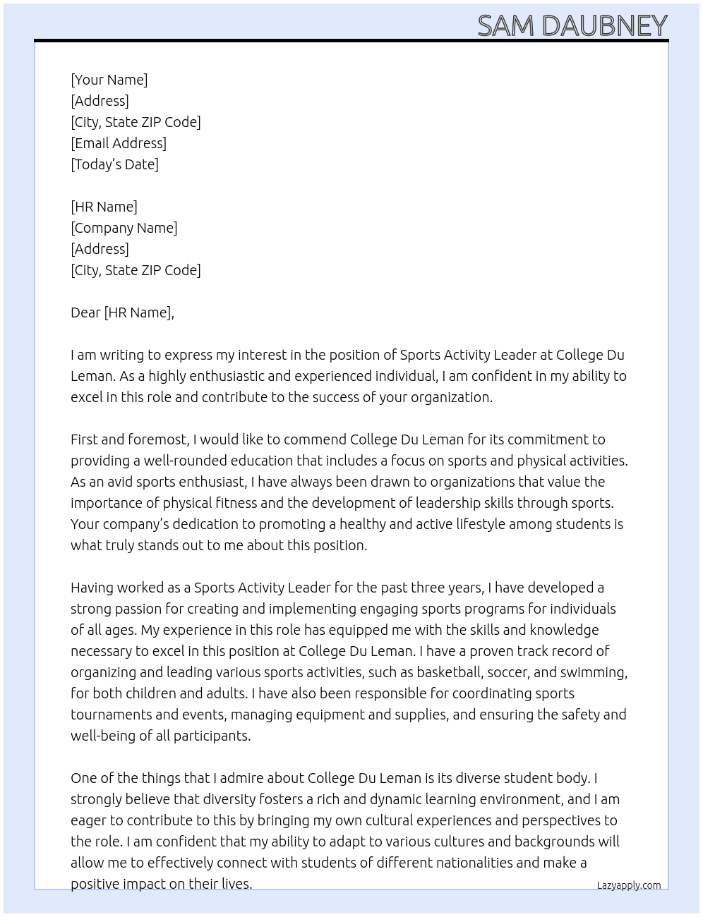 Sports activity leader At College Du Leman Cover Letter