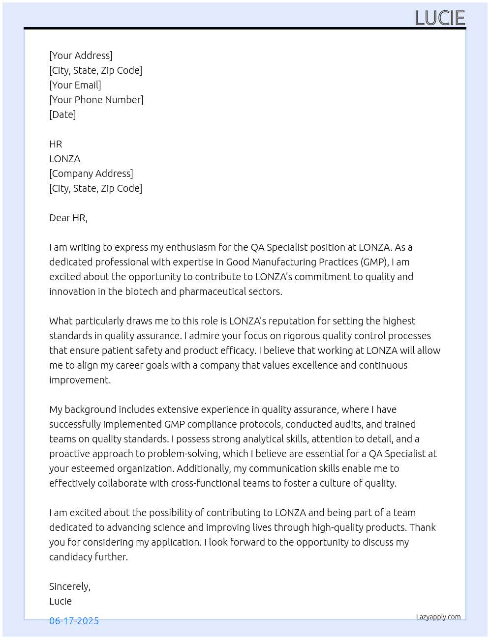 QA specialist  At LONZA Cover Letter