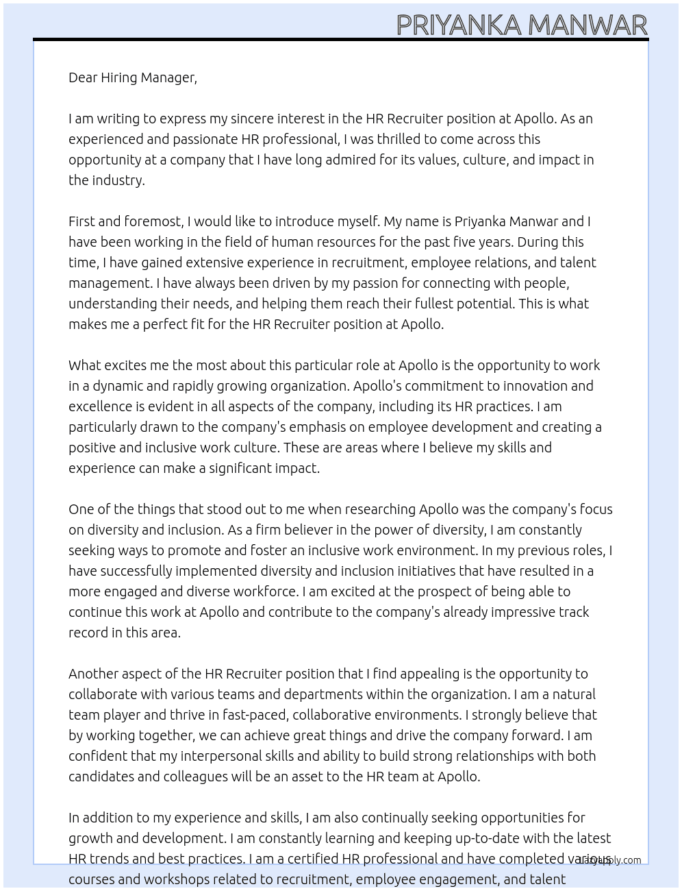 HR Recruiter At Apollo Cover Letter