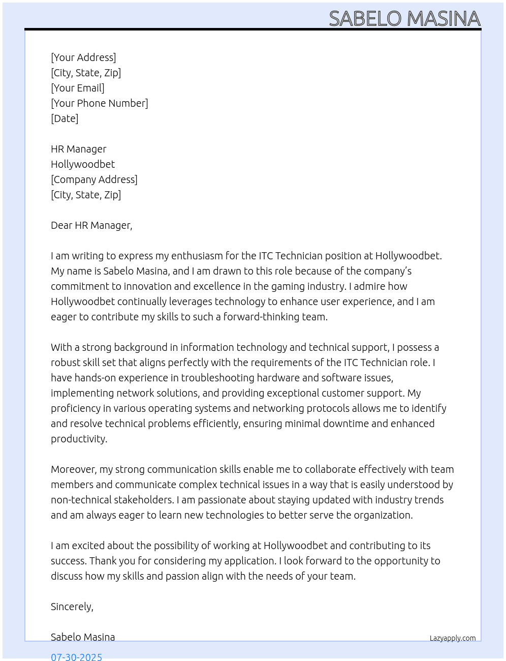 ITC Technician At hollywoodbet Cover Letter