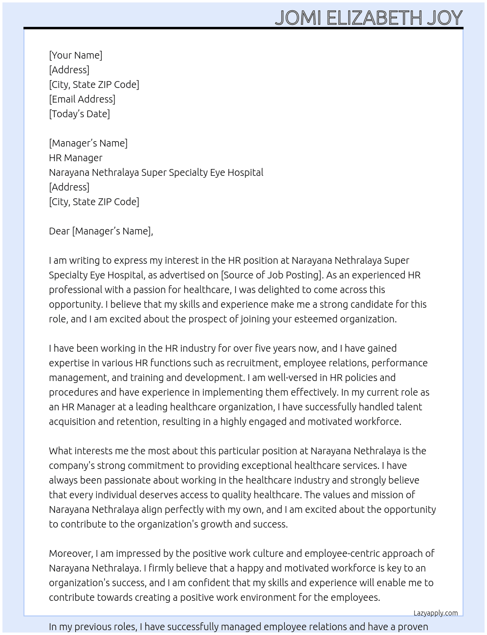 hr At Narayana Nethralaya Super Specialty Eye Hospital. Cover Letter