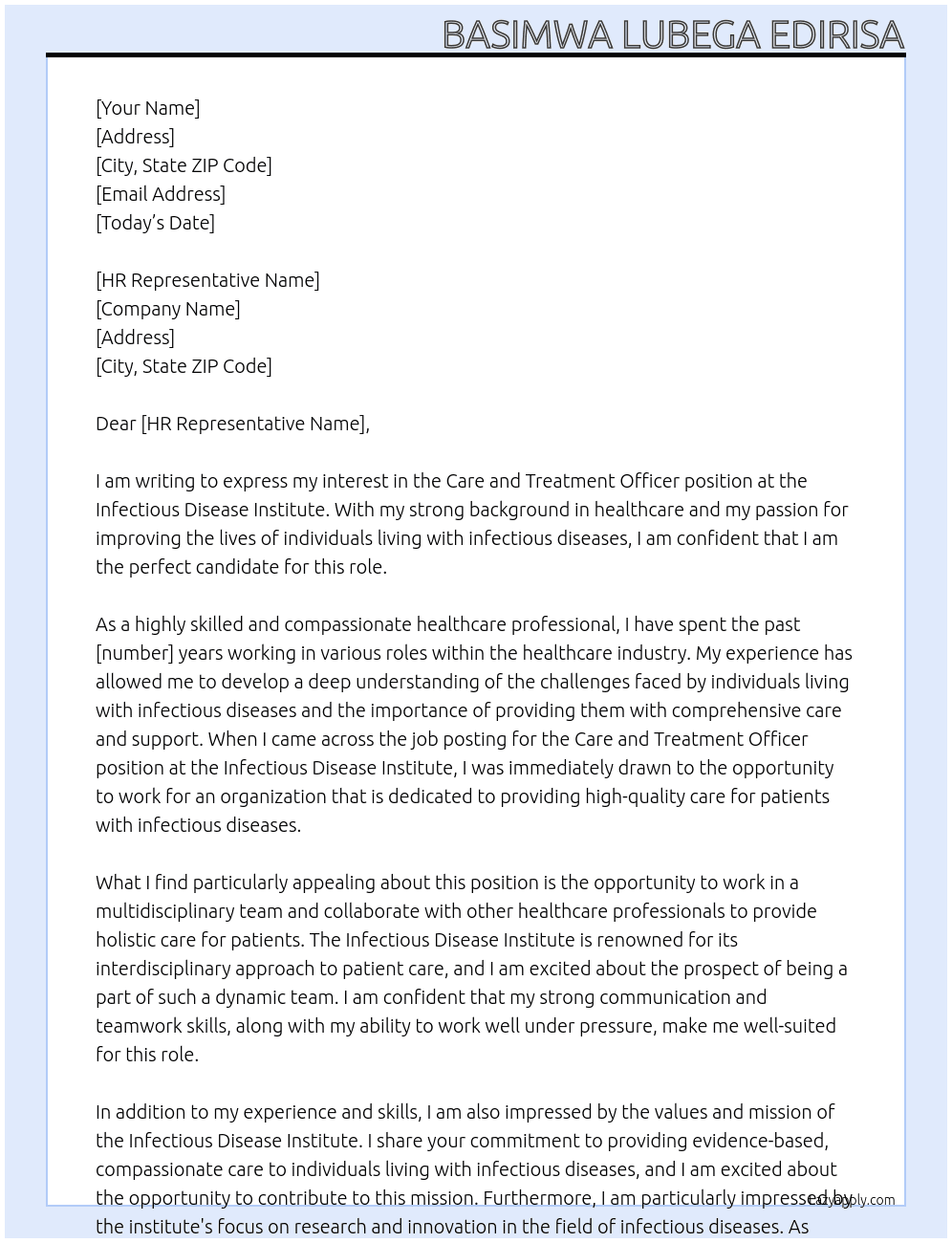 care and treatment officer At infectious disease institute Cover Letter