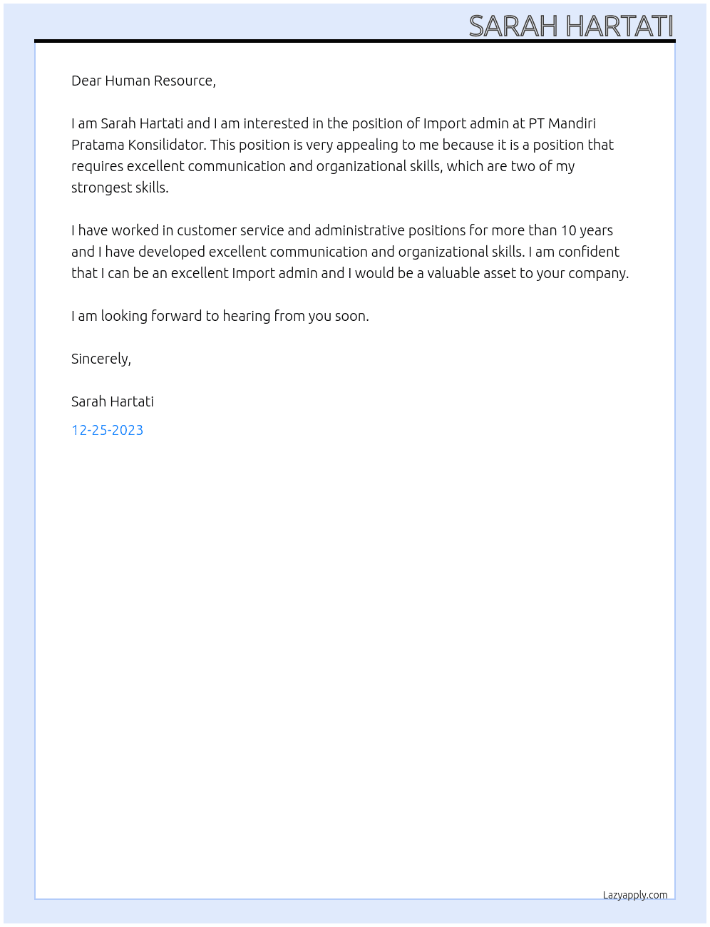 Import admin At PT Mandiri Pratama Konsilidator Cover Letter