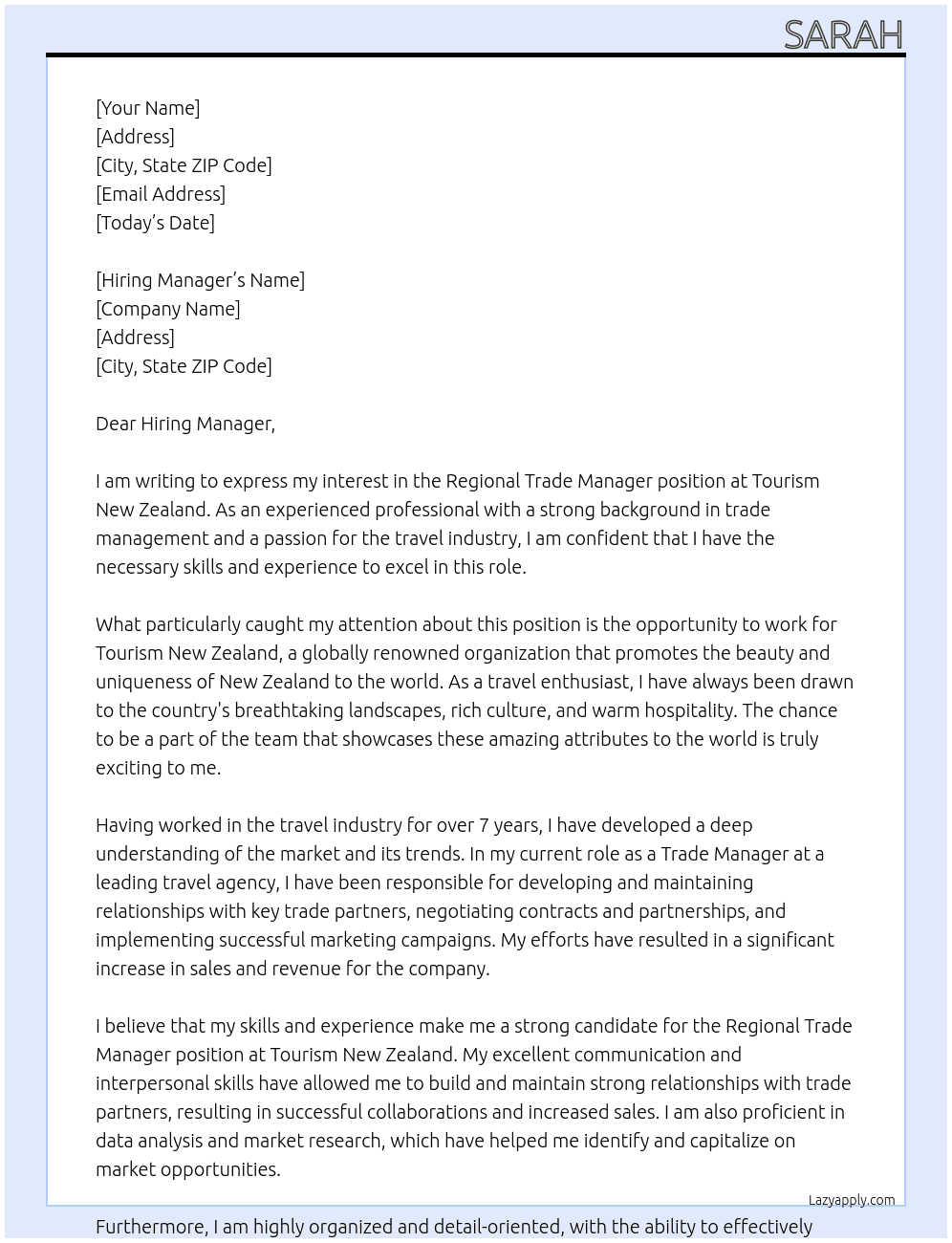 regional trade manager At Tourism New Zealand Cover Letter